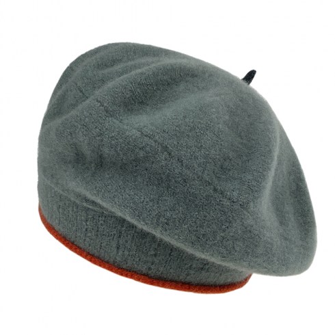 blueish grey beret with furnace trim and green filial